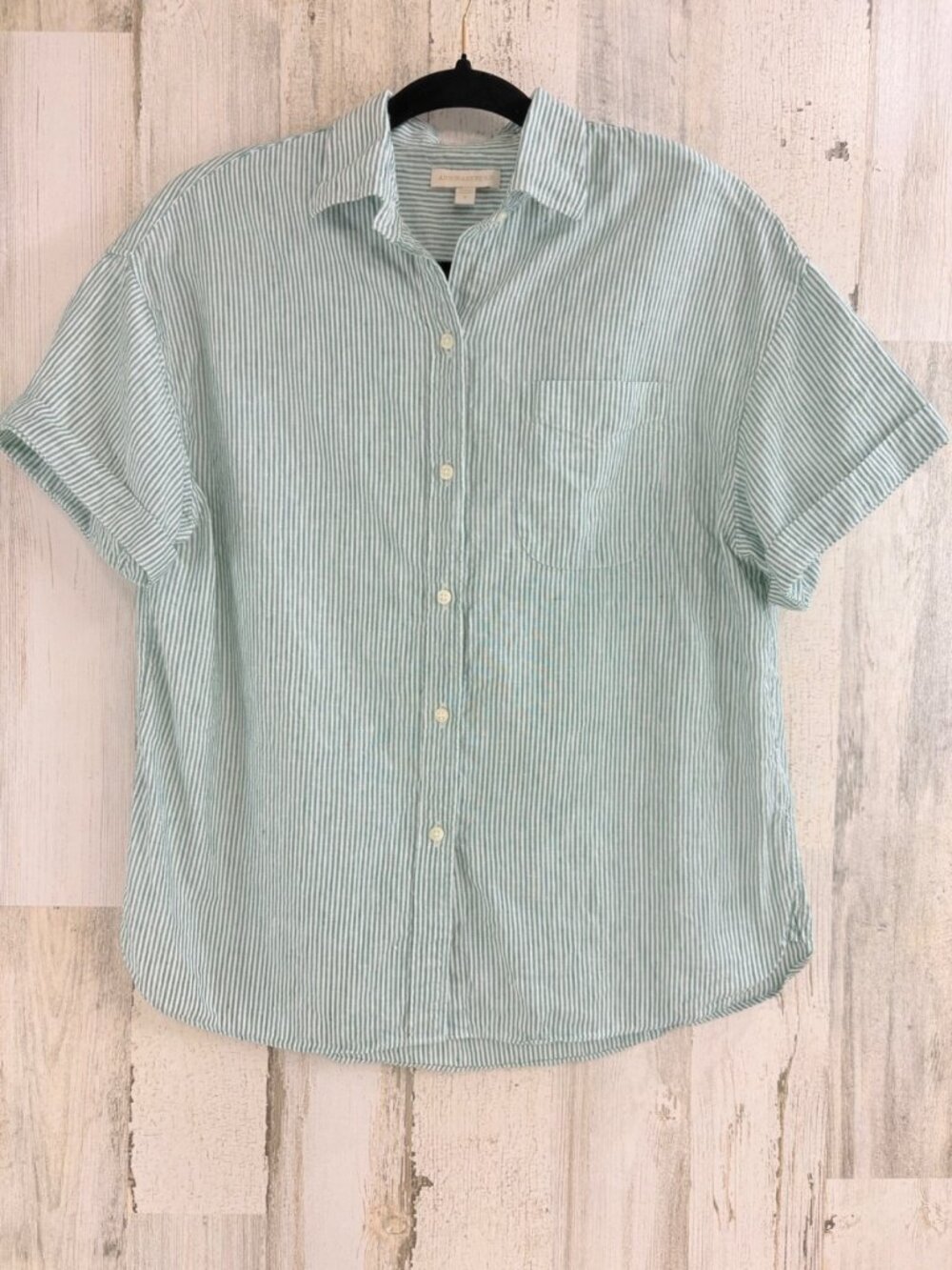 Ann Mashburn Sz S Green Stripe Short Sleeve Linen Agnes Shirt